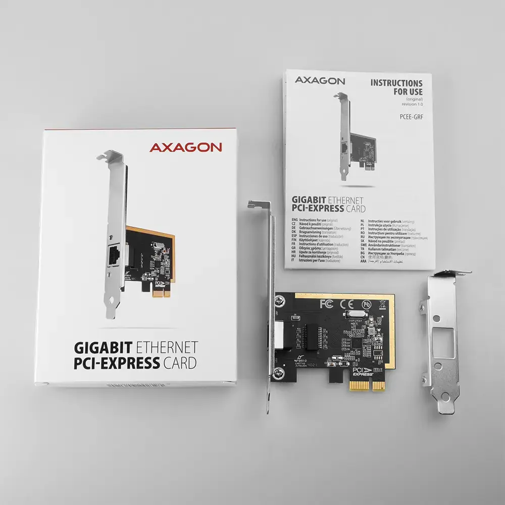 AXAGON PCEE-GRF PCI-Express tinklo plokštė suteikia staliniam kompiuteriui didelės spartos "Gigabit Ethernet" ryšį. Ji užtikrina 10/100/1000 Mbit/s duomenų perdavimo greitį.