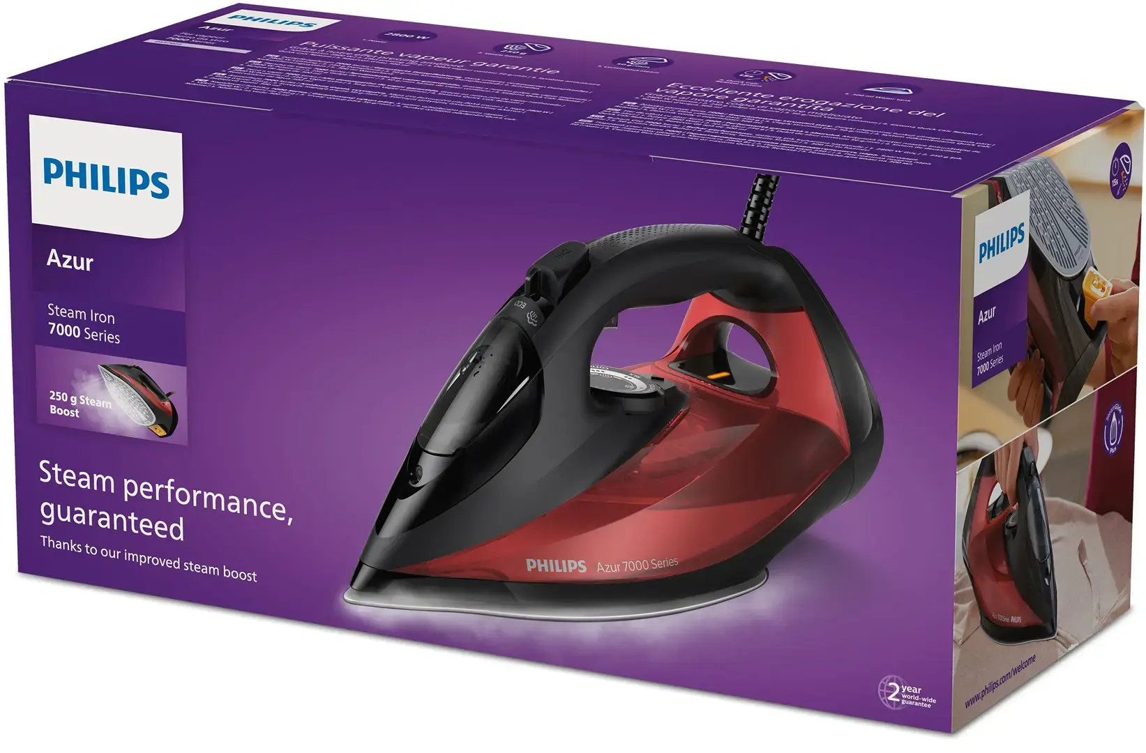 "Philips" 7000 serijos DST7022/40, garinis lygintuvas, "SteamGlide Plus" padas, 2 m, 250 g/min, juodas, raudonas, 50 g/min