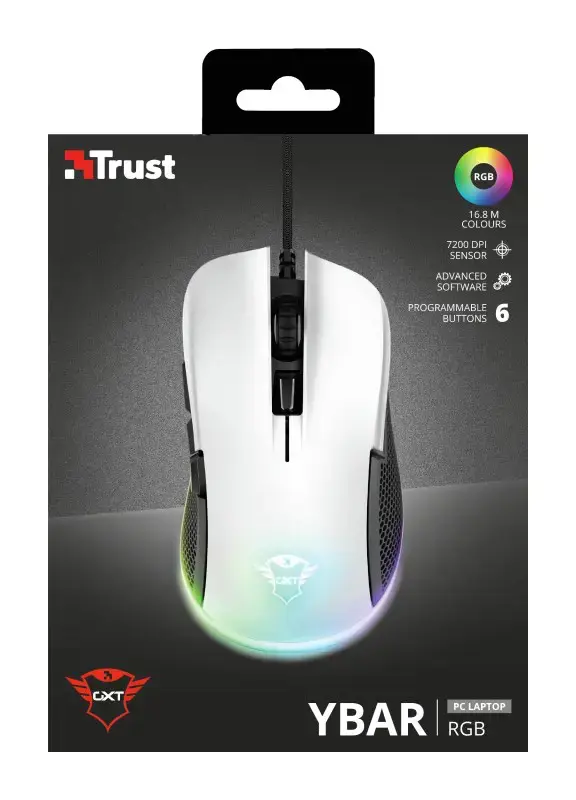 "Trust GXT 922W YBAR", dešinysis, optinis, A tipo USB, 7200 DPI, juodas, baltas