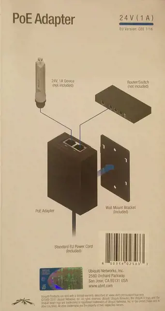 UBIQUITI POE-24-24W "Ubiquiti PoE-24" pasyvusis PoE adapteris ES, 24V 1A, apsauga nuo įžeminimo/ESD, 24W