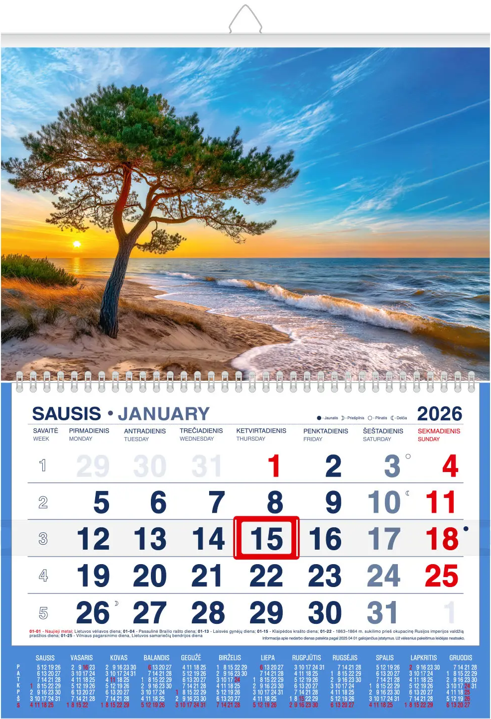 Pakabinamas kalendorius JŪROS KRANTAS 2026, 1 dalis