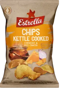Bulvių traškučiai ESTRELLA KETTLE čederio ir raudonųjų svogūnų skonio, 120g
