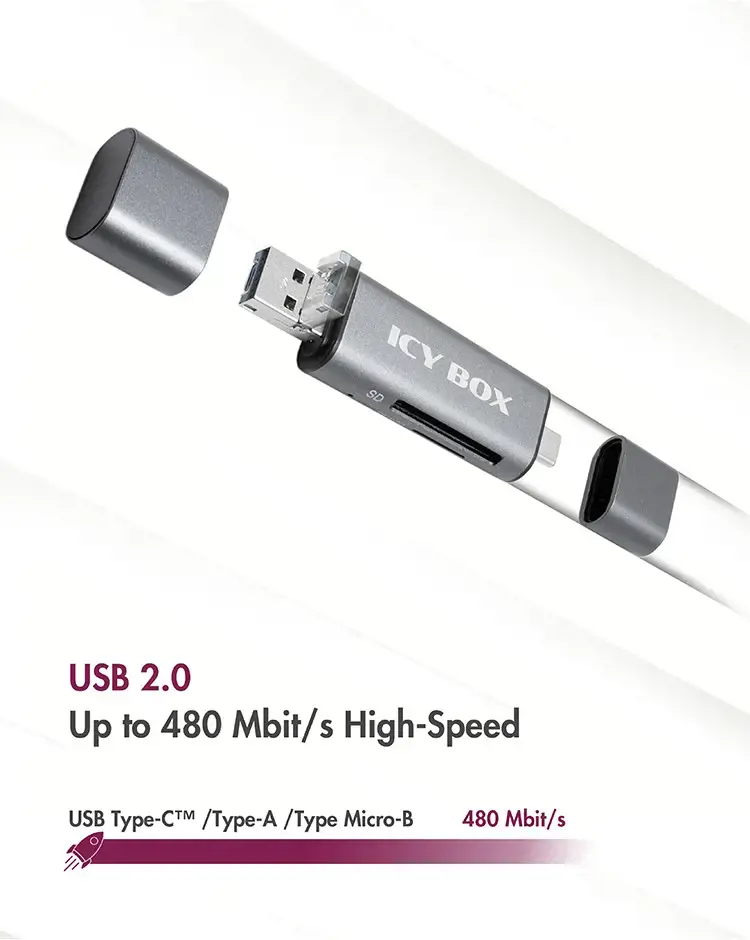 ICY BOX IB-CR200-C, MicroSD (TransFlash), SD, juoda, 480 Mbps, aliuminis, plastikas, 128 GB, USB 2.0