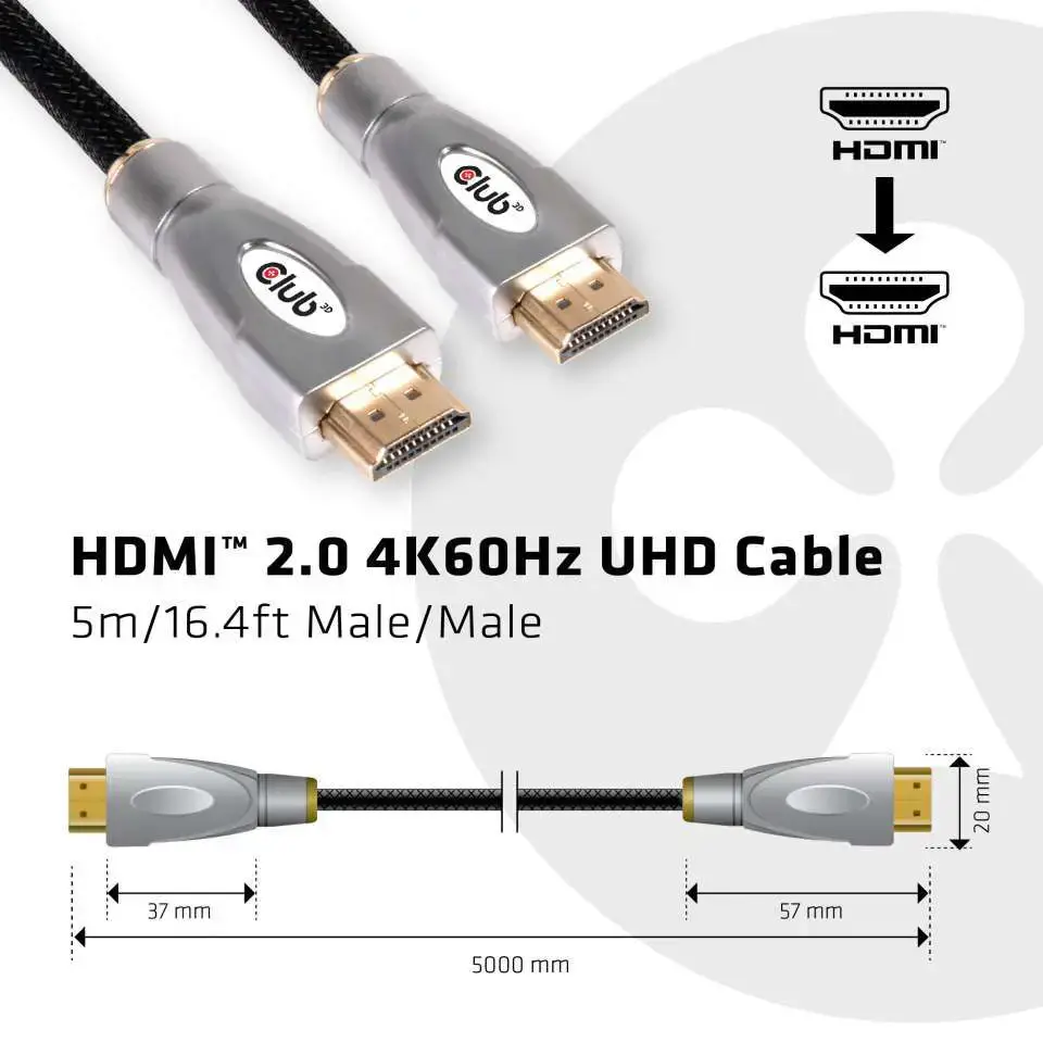CLUB3D HDMI 2.0 4K60Hz UHD Cable 5m/16.4ft, 5 m, HDMI Type A (Standard), HDMI Type A (Standard), 3D, 18 Gbit/s, Black