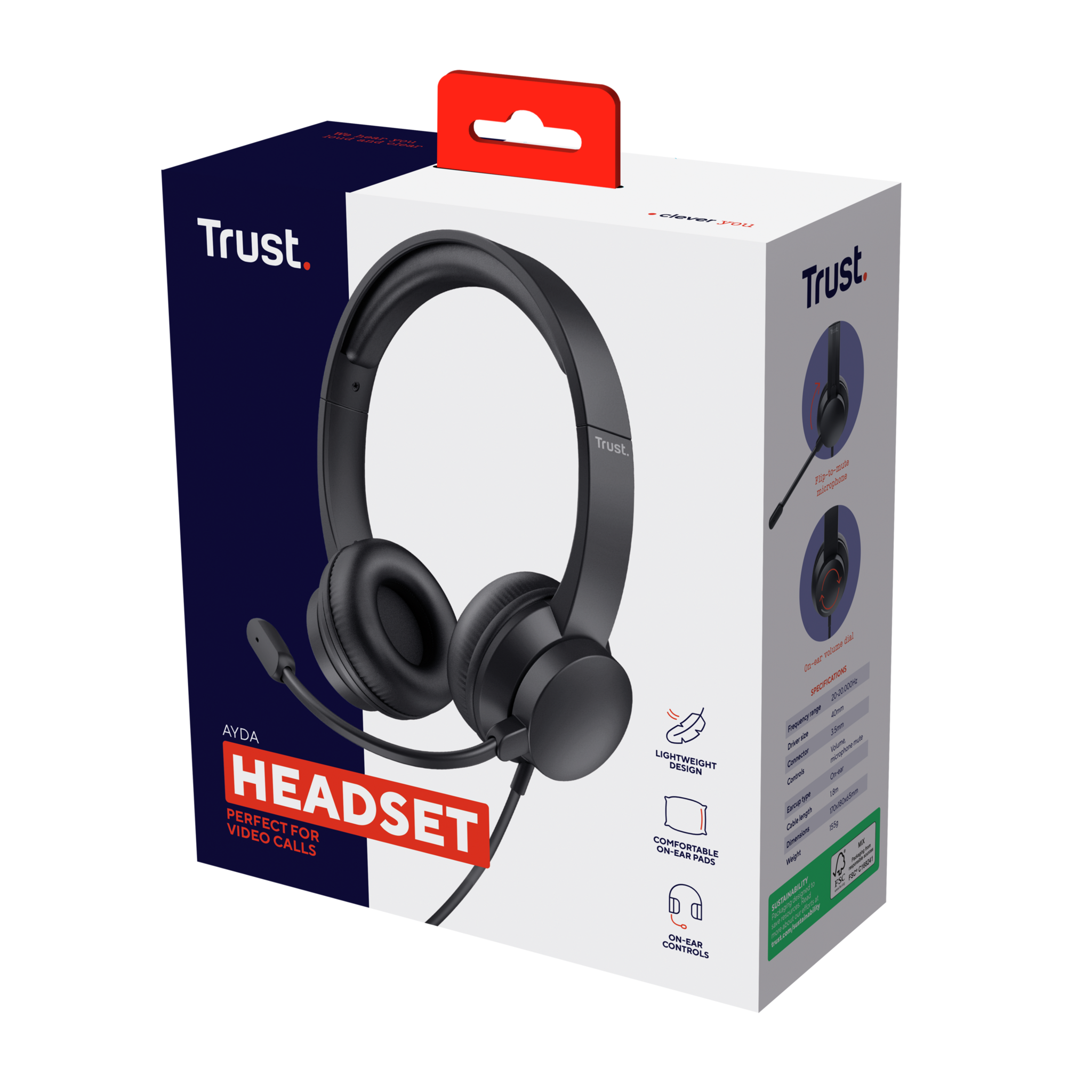 Trust Ayda, Wired, Calls/Music, 20 - 20000 Hz, 155 g, Headset, Black