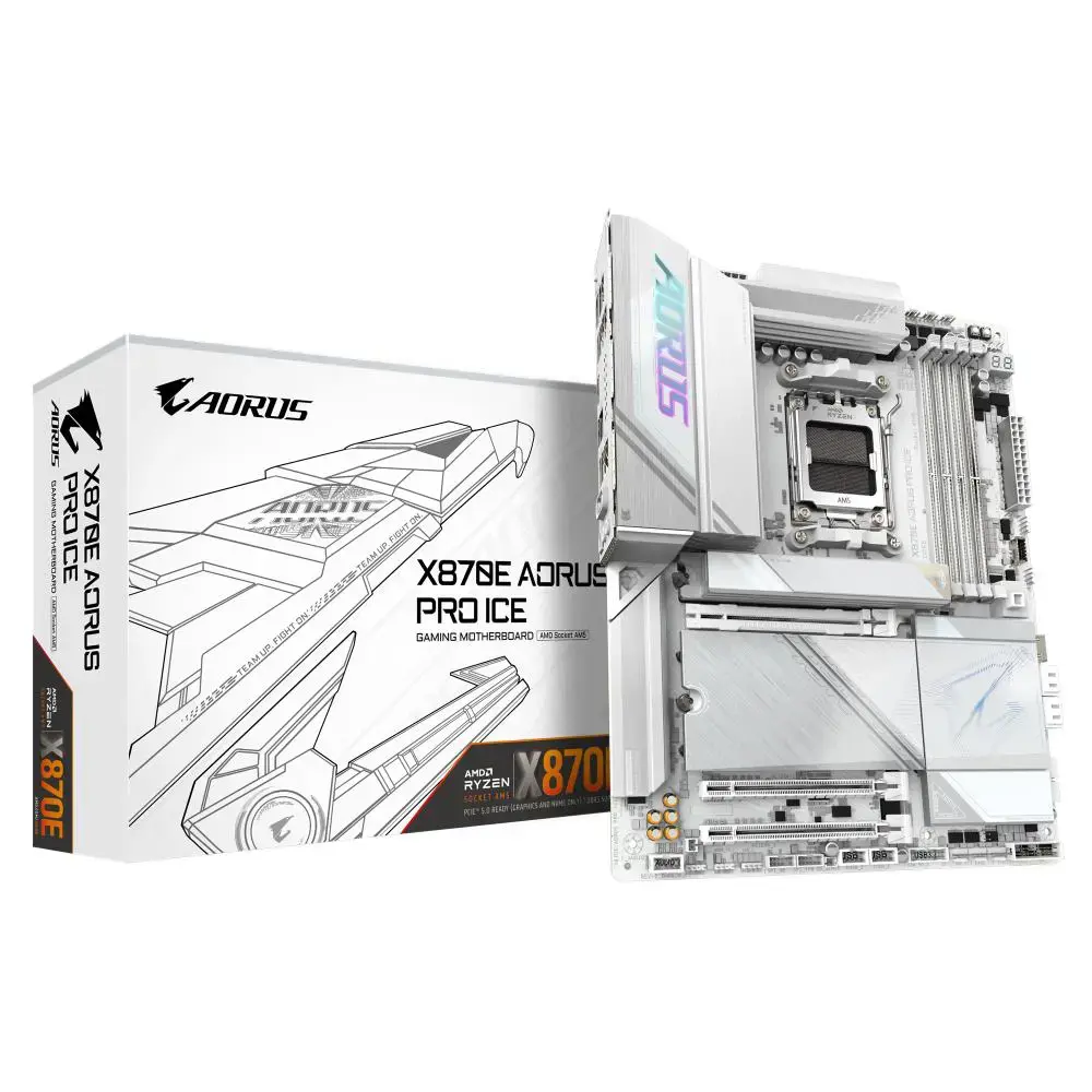 Mainboard GIGABYTE AMD X870E SAM5 ATX Memory DDR5 Memory slots 4 1xPCI-Express 3.0 4x 1xPCI-Express 4.0 4x. 1xPCI-Express 5.0 16x 4xM.2 1xHDMI 2xUSB 2.0 7xUSB 3.2 2xUSB-C 1xOptical S/PDIF 1xRJ45 2xAudio port X870EAORUSPROICE1.1