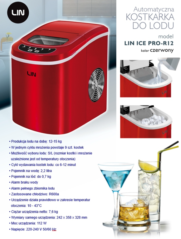 Nešiojamasis ledo kubelių gamintojas LIN ICE PRO-R12 raudonas