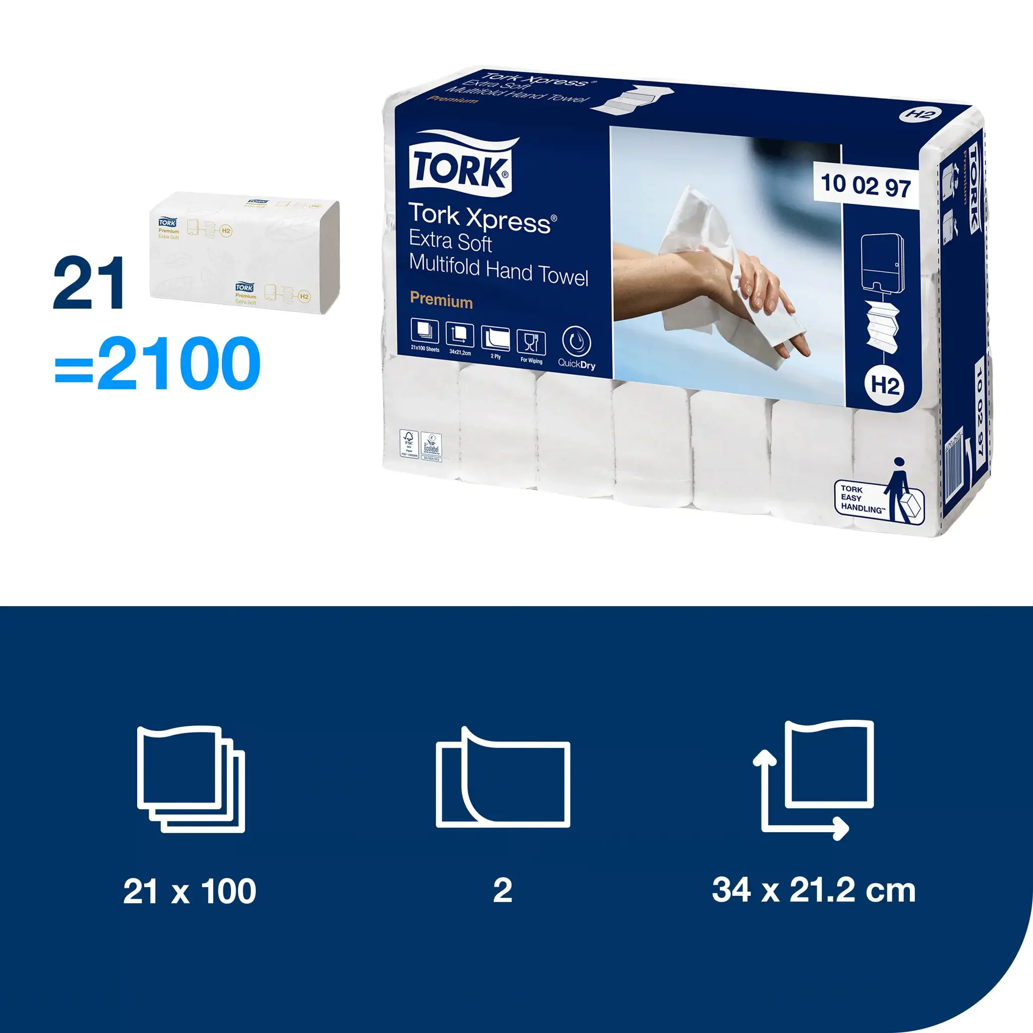 Rankų valymo popierius TORK PREMIUM EXTRA SOFT, H2 100297, 2 sl.,100 serv., 21.2 x 34 cm, balta sp.