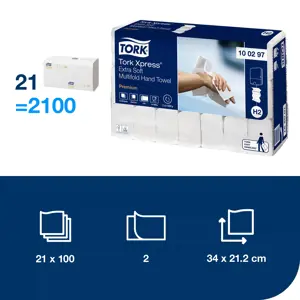 Rankų valymo popierius TORK PREMIUM EXTRA SOFT, H2 100297, 2 sl.,100 serv., 21.2 x 34 cm, balta sp.