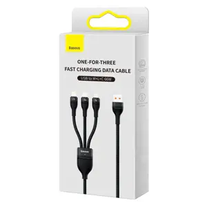 USB 3-in-1 "Baseus Flash II" kabelis, USB-C + micro USB + "Lightning", 66 W, 1,2 m (juodas)