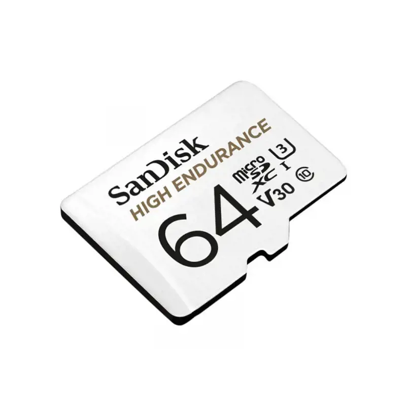 "SanDisk High Endurance microSDXC" 64 GB + SD adapteris - skirtas automobilinėms kameroms ir namų stebėjimui, iki 5000 valandų, "Full HD" / 4K vaizdo įrašai, iki 100/40 MB/s skaitymo / rašymo greitis, C10, U3, V30; EAN:619659173081