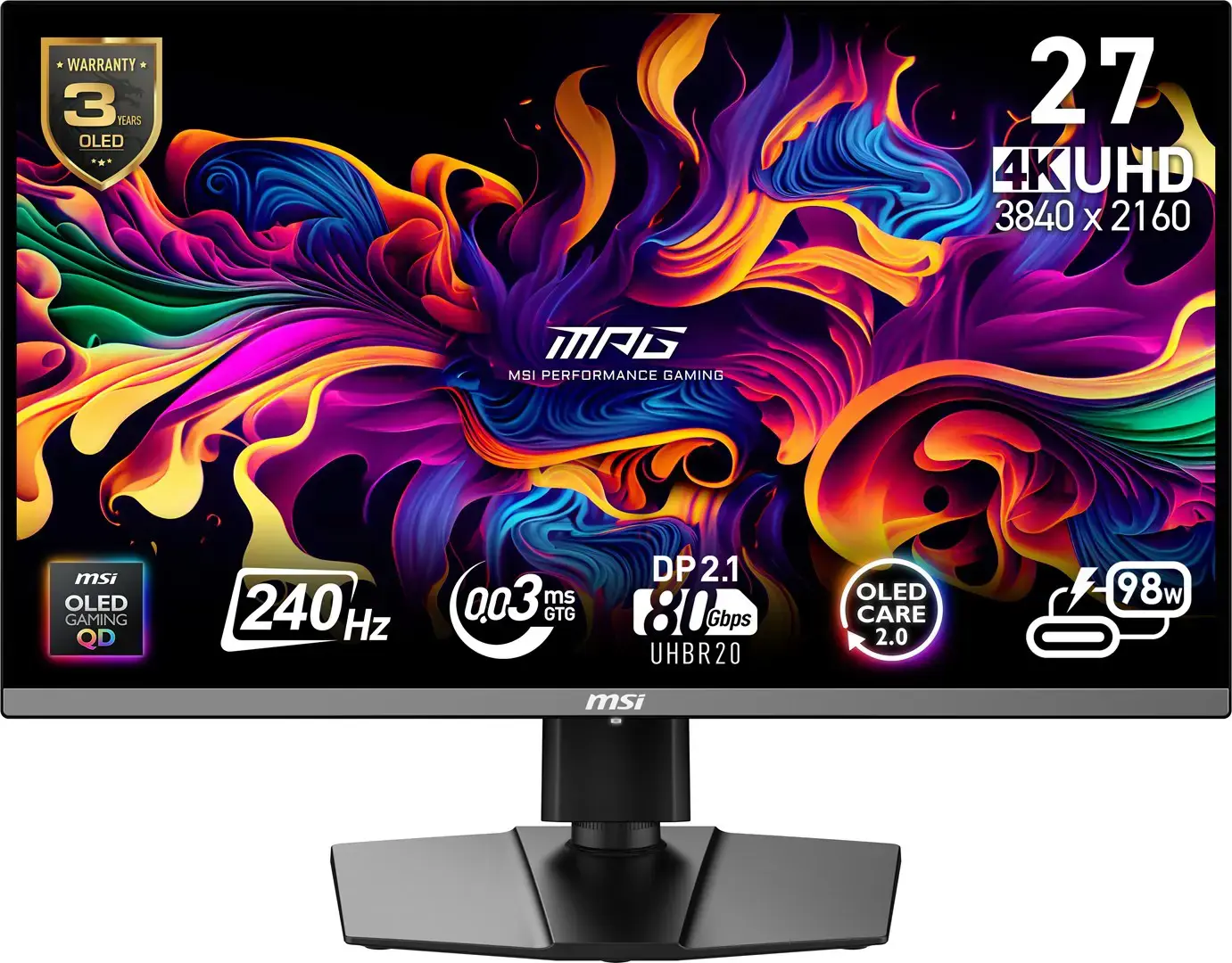 Monitor MSI MPG 272URX QD-OLED 27" Gaming/4K Matte Panel QD-OLED 3840x2160 16:9 240 ?? 0.03 ms Swivel Pivot Height adjustable Tilt Colour Black MPG272URXQD-OLED