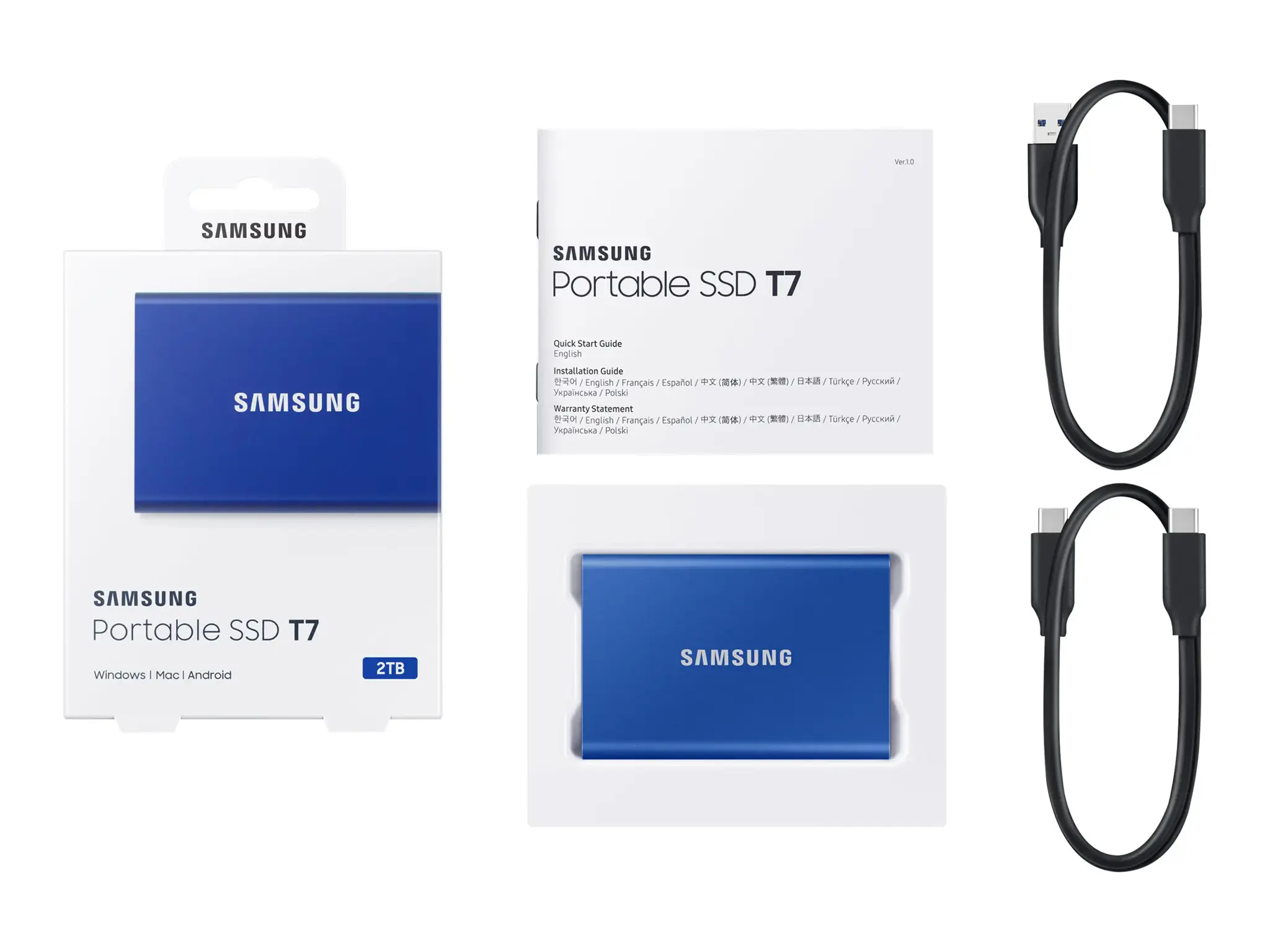 "Samsung" nešiojamasis SSD T7, 2000 GB, C tipo USB, 3.2 Gen 2 (3.1 Gen 2), 1050 MB/s, apsauga nuo slaptažodžio, mėlynas