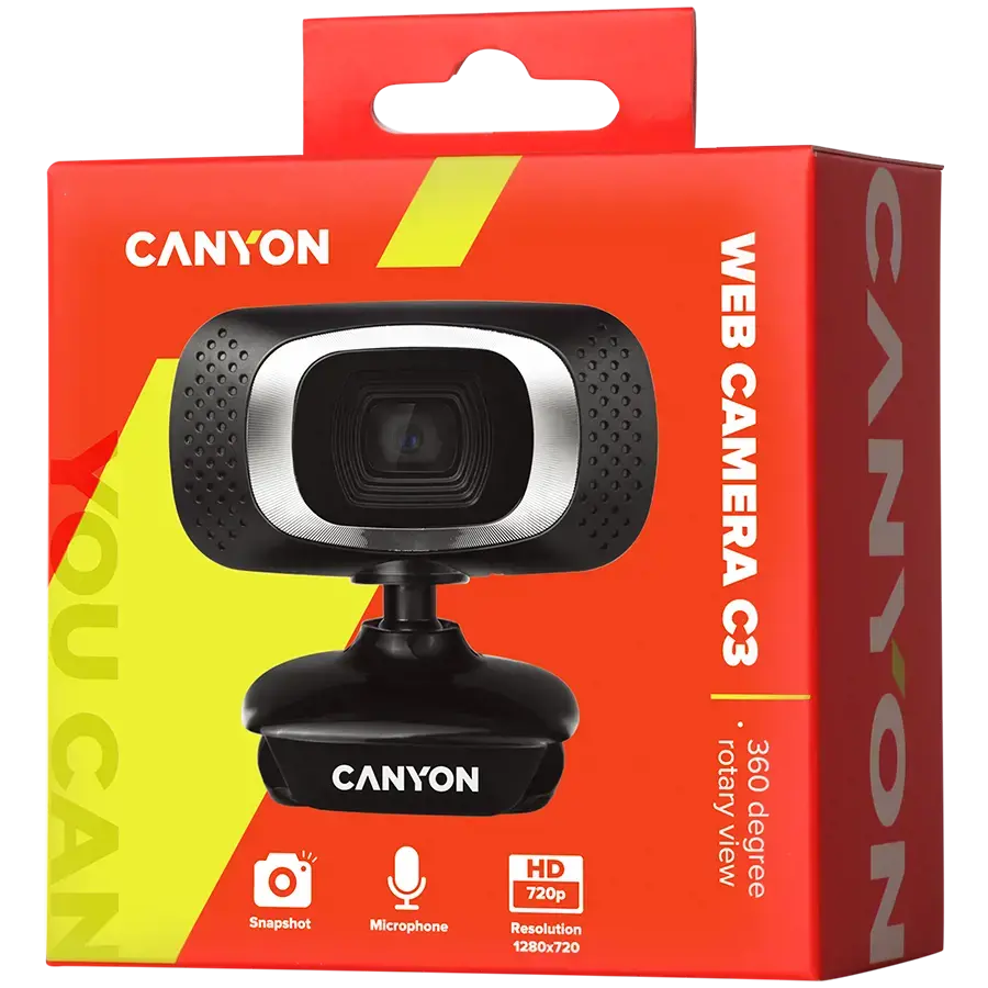 CANYON C3 720P HD internetinė kamera su USB2.0 jungtimi, 360° pasukamas apžvalgos kampas, 1.0Mega pikselių, raiška 1280*720, žiūrėjimo kampas 60°, kabelio ilgis 2.0m, juoda, 62.2x46.5x57.8mm, 0.074kg