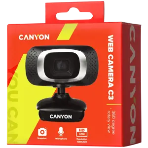 CANYON C3 720P HD internetinė kamera su USB2.0 jungtimi, 360° pasukamas apžvalgos kampas, 1.0Mega pikselių, raiška 1280*720, žiūrėjimo kampas 60°, kabelio ilgis 2.0m, juoda, 62.2x46.5x57.8mm, 0.074kg