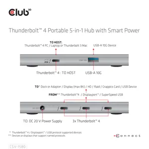 CLUB3D Certified Thunderbolt™4 Portable 5-in-1 Hub with Smart Power, Docking, Thunderbolt 4, Silver, OS Support: Windows10™ or above version supported Thunderbolt™ 4 host MacOS™ 11 or above..., DC, 10 W