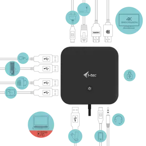 I-TEC USB-C Dual Display MST DS 1x DP 1x HDMI 1xGLAN 3xUSB 3.0 2xUSB 2.0 1xUSB-C-Datei 1xAudio/Mic lizdas 1x100W USB-C PD+įkroviklis 112W