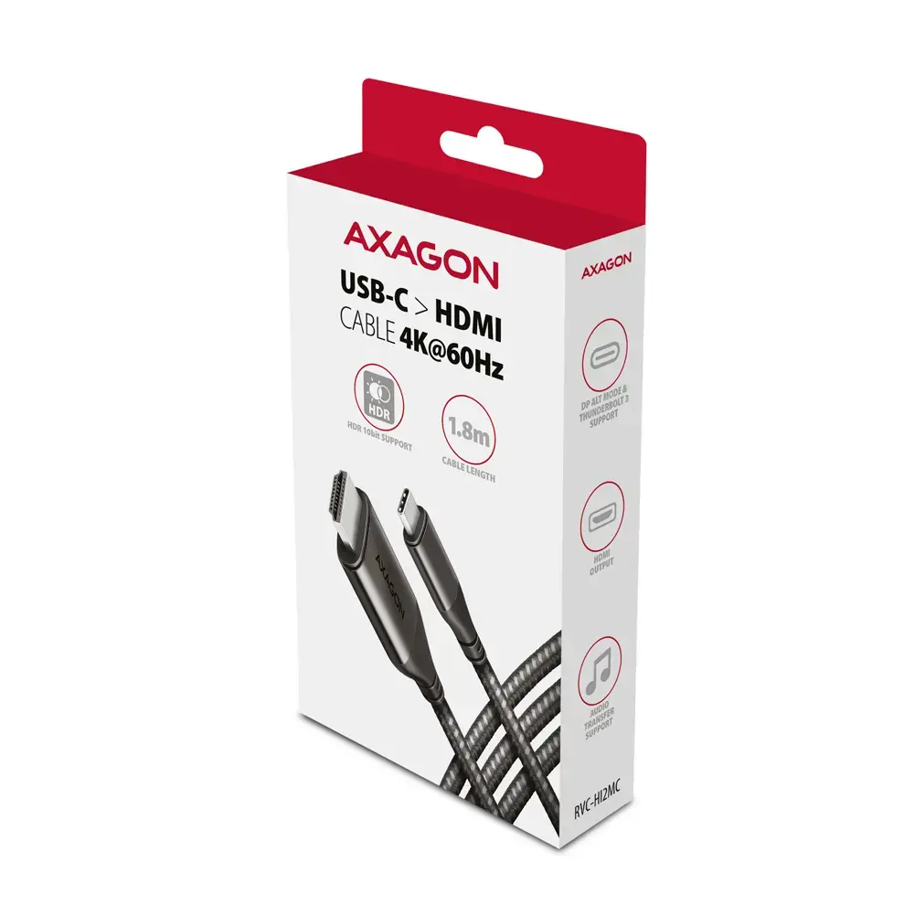 AXAGON RVC-HI2MC USB-C -> HDMI 2.0 adapteris 4K/60Hz Aliuminis, 1,8 m ilgio kabelis