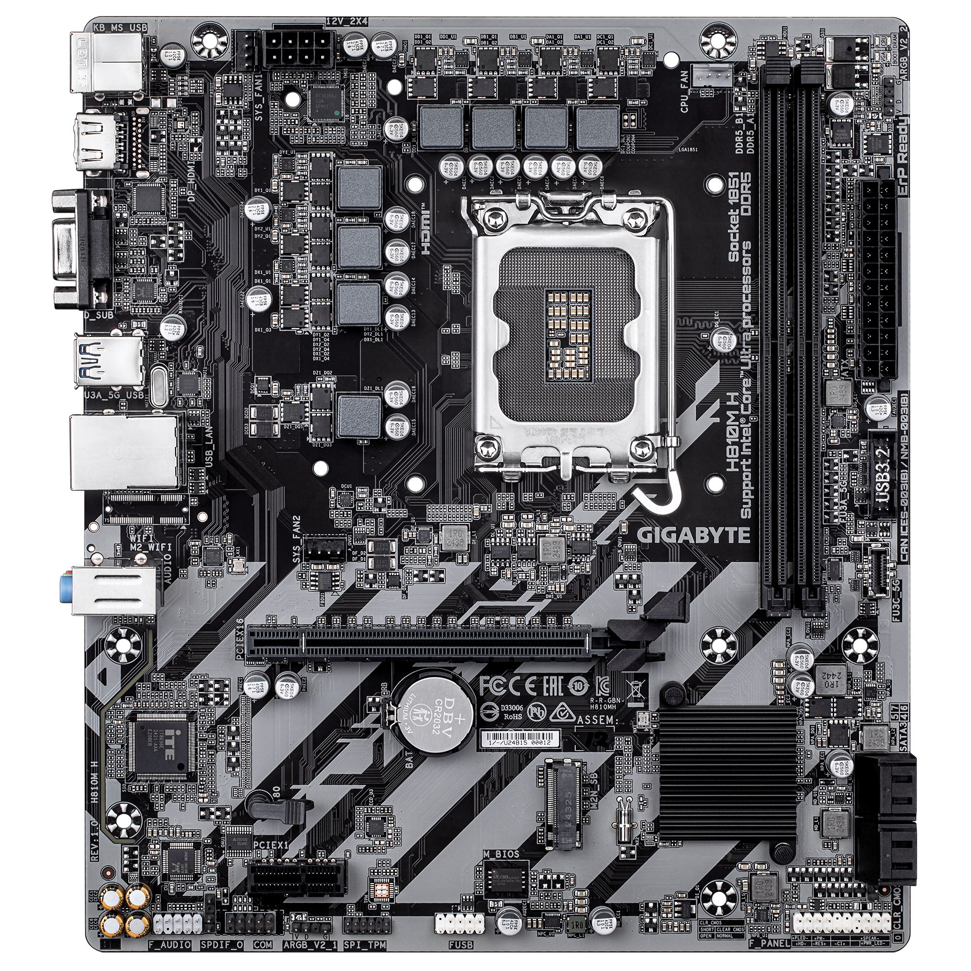 Gigabyte H810M H | Processor family Intel | Processor socket LGA1851 | DDR5 | Supported hard disk drive interfaces SATA, M.2 | Number of SATA connectors 4