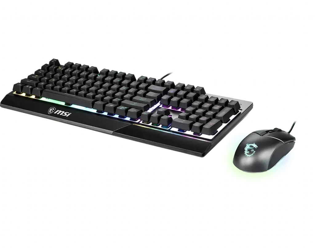 MSI VIGOR GK30 COMBO RGB MEMchanical Gaming Keyboard + Clutch GM11 Gaming Mouse ' UK Layout, 6 zonų RGB apšvietimo klaviatūra, dviejų zonų RGB apšvietimo pelė, 5000 DPI optinis jutiklis, RGB Mystic Light', USB, mechaninė, QWERTY, RGB LED, juoda, pelė pridedama