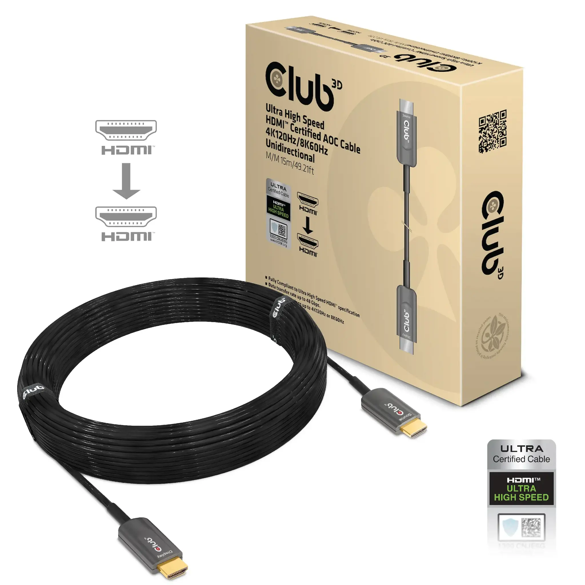 CLUB3D Ultra High Speed HDMI™ Certified AOC Cable 4K120Hz/8K60Hz Unidirectional M/M 15m/49.21ft, 15 m, HDMI Type A (Standard), HDMI Type A (Standard), Black