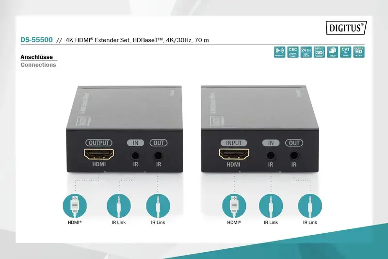 DIGITUS 4K HDMI ilgintuvas HDBaseT 70 m per tinklo kabelį Cat 5E 6 7 UHD 4K2K/30 Hz