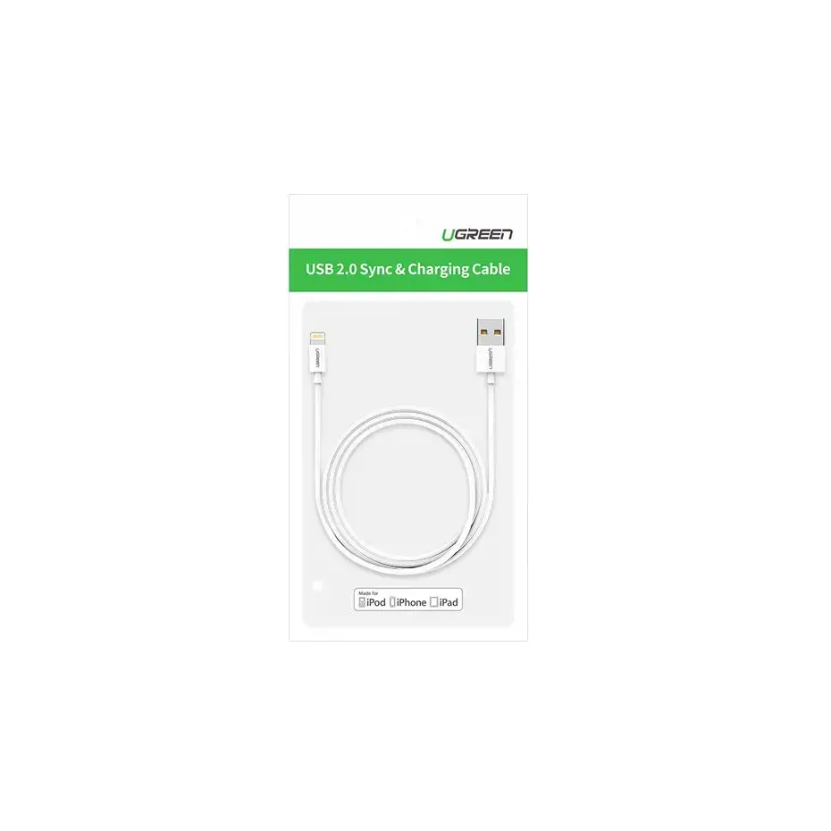 Ugreen kabelis USB 2.0 A lightning 2 m, 5V/2.4A iPhone 7 / 7plus / 6S / 6 / 6 Plus, iPhone 5s/5c/5, iPad Mini/Mini 2, iPad, 1 m, Lightning, USB A, vyriškas, vyriškas, baltas