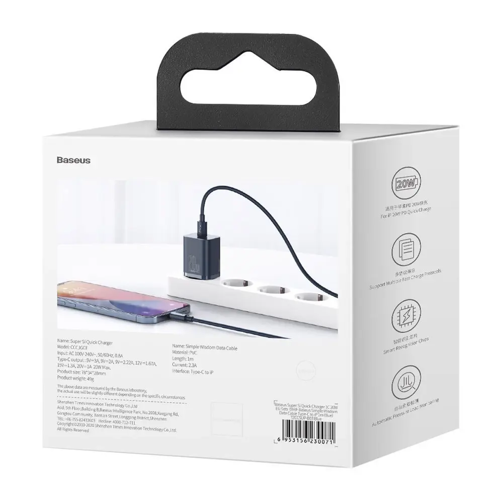 "Baseus Super Si" greitasis įkroviklis 1C 20W su USB-C laidu "Lightning" 1 m (mėlynas)