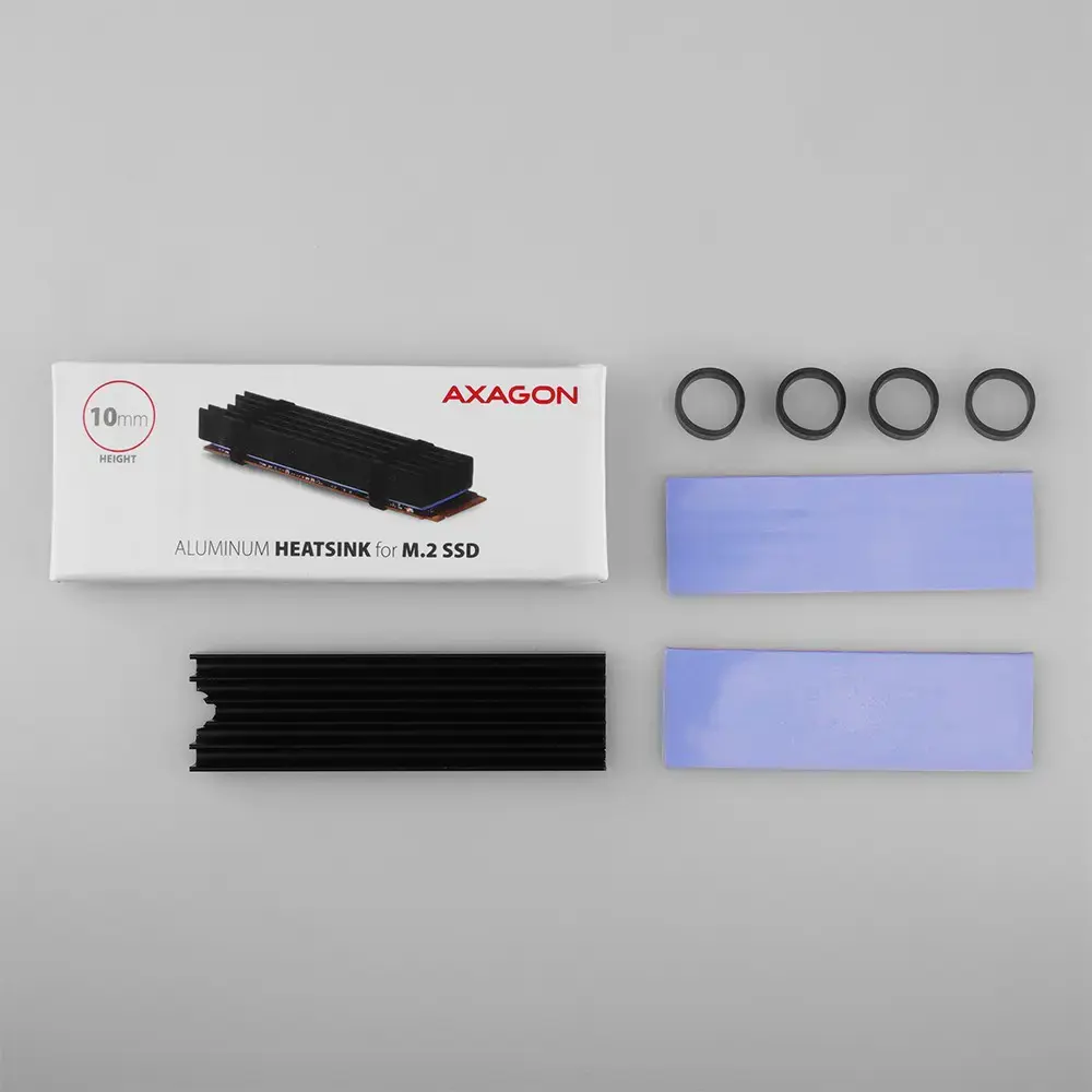 AXAGON CLR-M2L10 pasyvus - M.2 SSD, 80 mm SSD, ALU korpusas, silikoninės šiluminės pagalvėlės, aukštis 10 mm