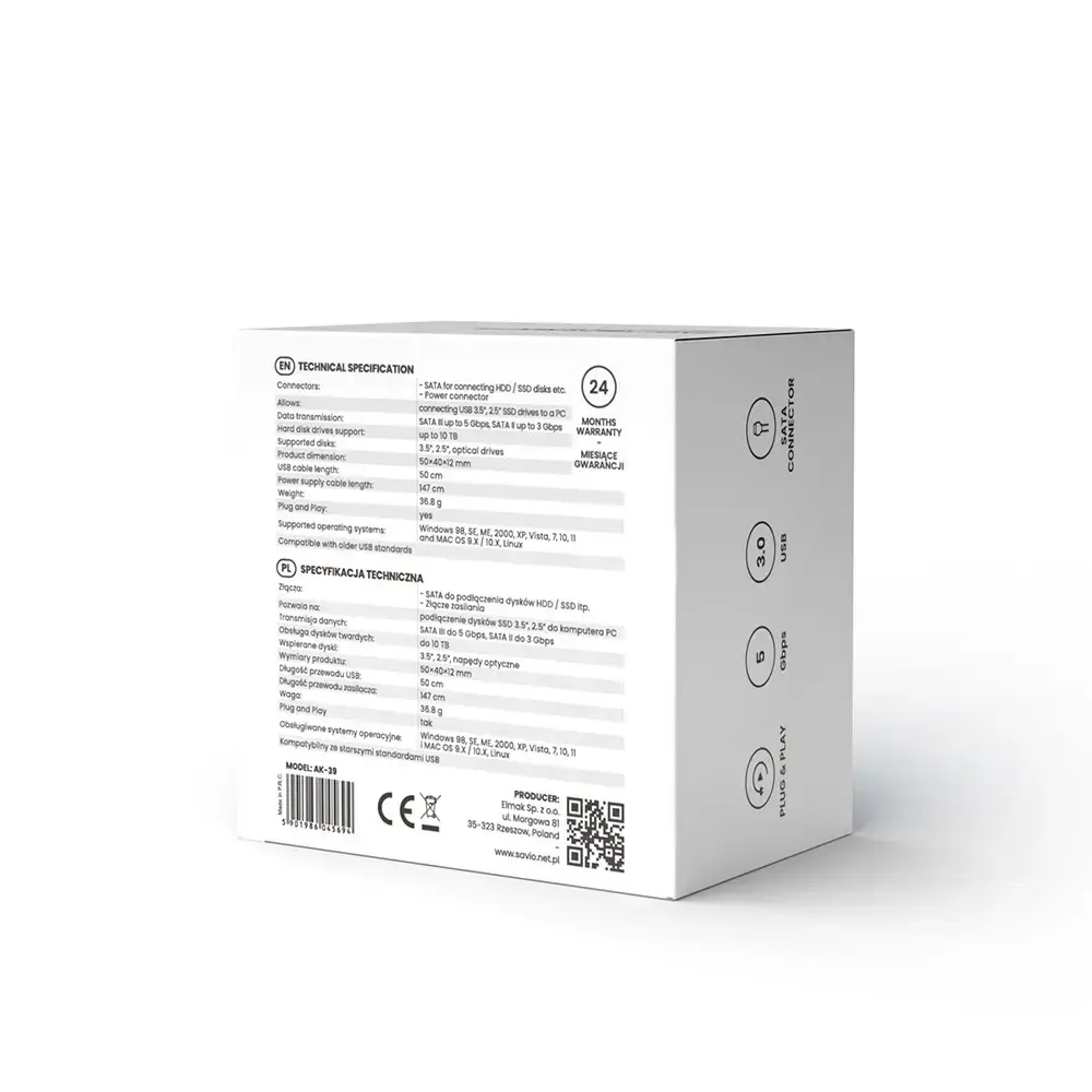 SAVIO AK-39 USB 3.0 - SATA III adapteris 3,5"/2,5" diskams su maitinimo šaltiniu Juodas