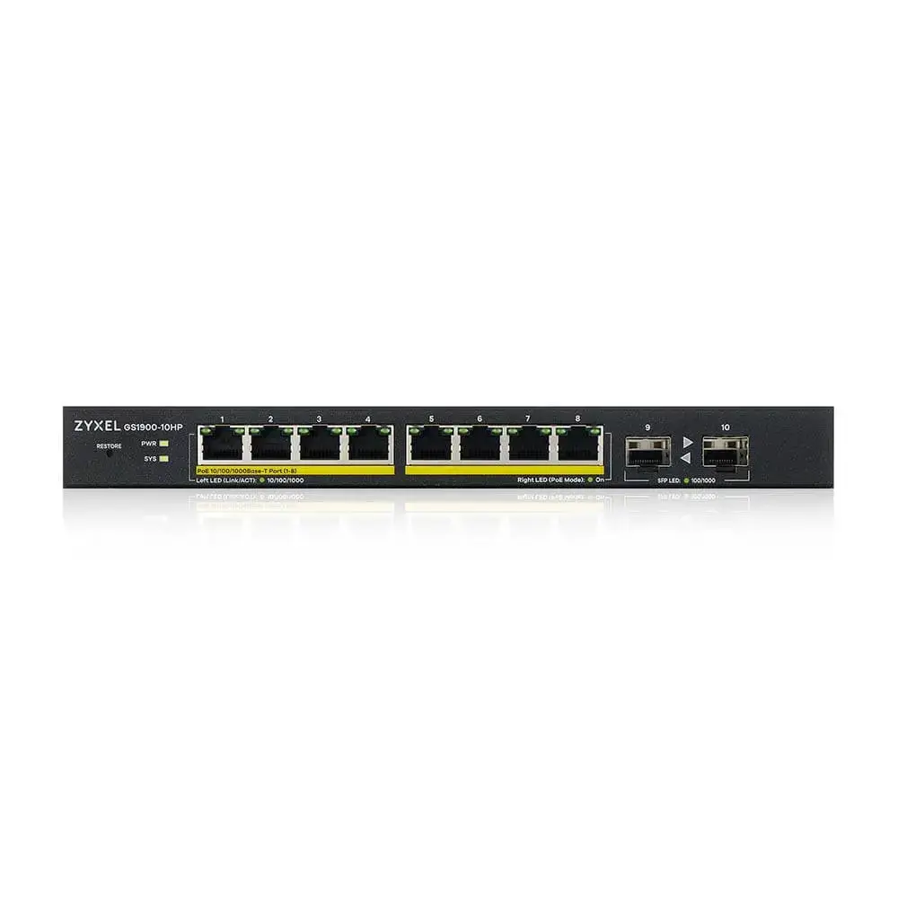 Zyxel GS1900-10HP, valdomas, L2, Gigabit Ethernet (10/100/1000), maitinimas per Ethernet (PoE), montuojamas ant sienos