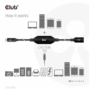 CLUB3D USB Gen1 Type-C to Type-A Active Adapter Cable 5Gbps M/F 10m/32.8ft, 10 m, USB C, USB A, USB 3.2 Gen 1 (3.1 Gen 1), 5000 Mbit/s, Black
