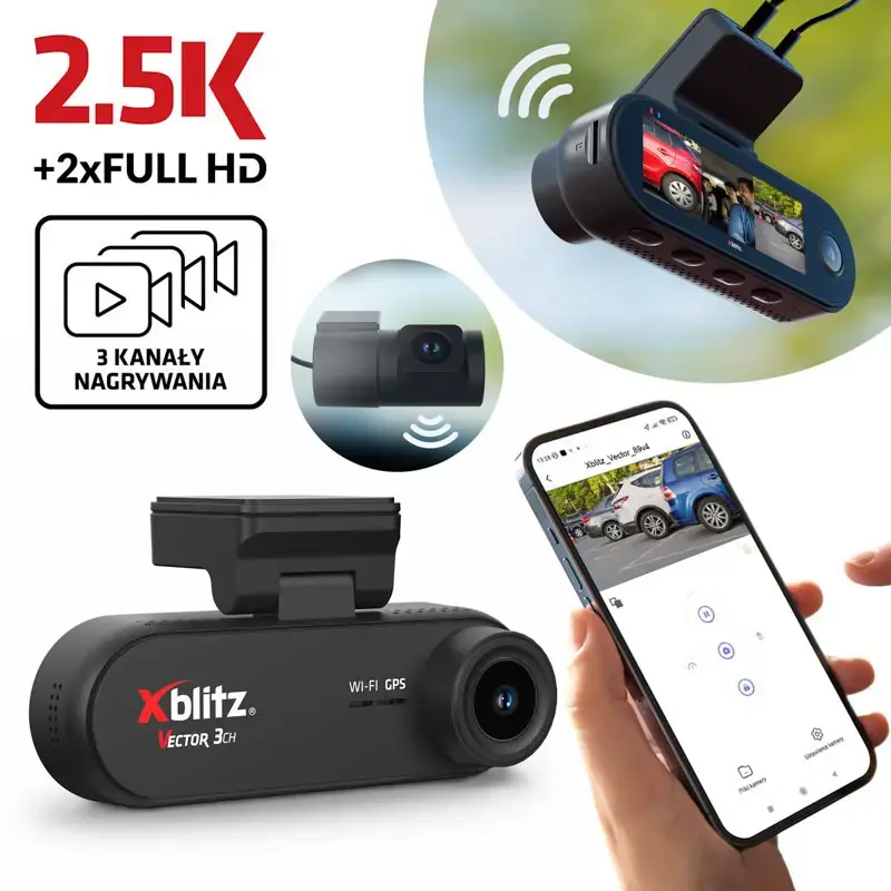 XBLITZ VECTOR 3CH 3-CHANNEL DVR WITH REARVIEW CAMERA, Wi-Fi, AND GPS