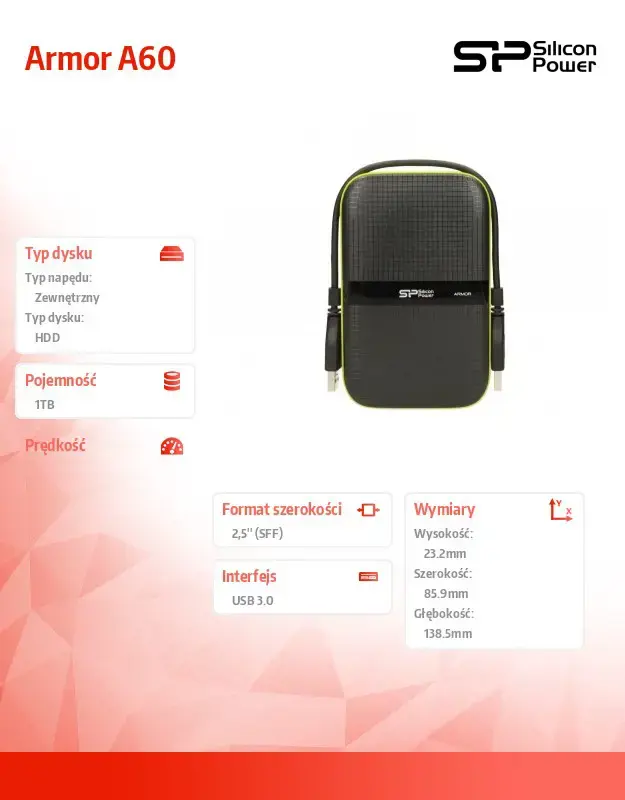 SILICONPOW SP010TBPHDA60S3K Išorinis kietasis diskas Silicon Power Armor A60 2.5 1TB USB 3.0, IPX4, juodas