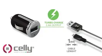Universalus USB automobilinis įkroviklis + USB C laidas Celly CCUSBMICRO juodas 12 W