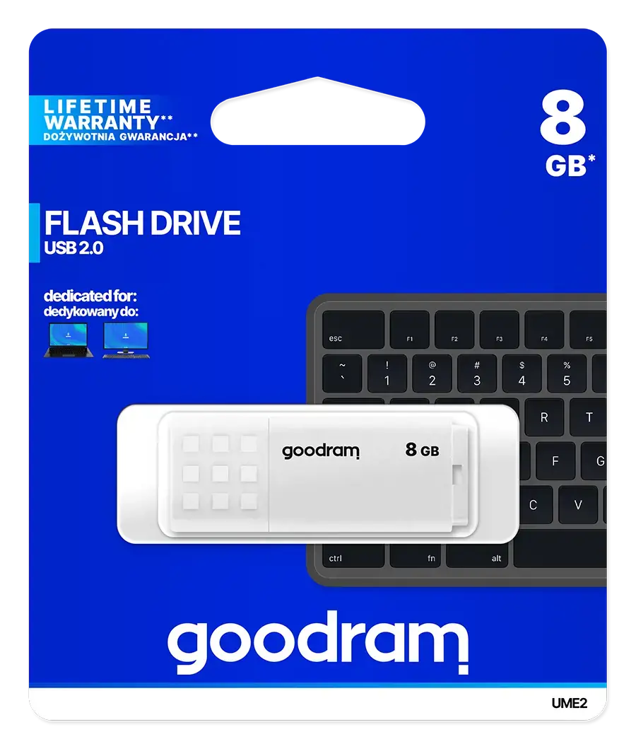 "Goodram UME2", 8 GB, A tipo USB, 2.0, 20 MB/s, dangtelis, baltas