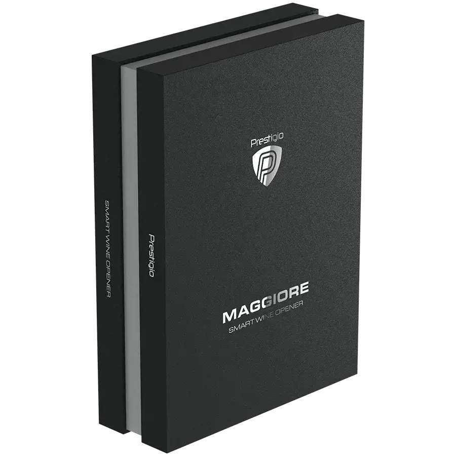 "Prestigio Maggiore", išmanusis vyno atidarytuvas, 100 % automatinis, be įkrovimo atidaro iki 70 butelių, pridedamas folijos pjaustytuvas, aukščiausios kokybės dizainas, 480 mAh akumuliatorius, matmenys D 48*H228 mm, juoda + sidabrinė spalva.