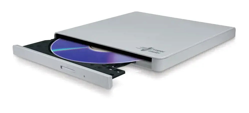"Hitachi-LG Slim" nešiojamasis DVD rašytuvas, baltas, dėklas, stalinis/nešiojamasis kompiuteris, DVD±RW, USB 2.0, 60000 h