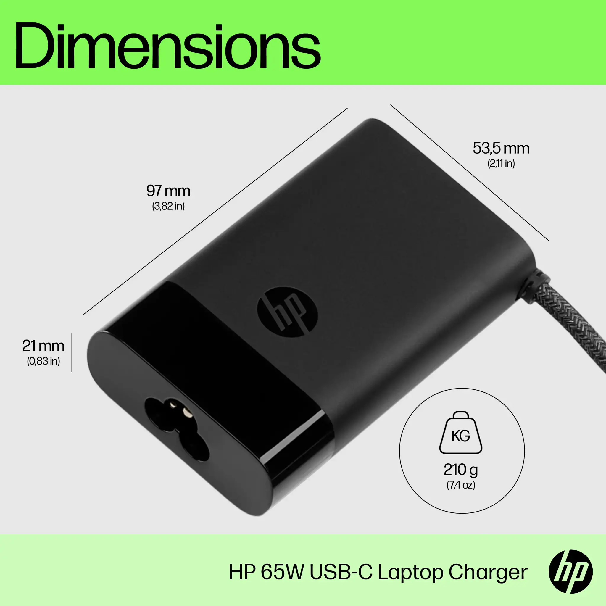 HP USB-C 65W nešiojamojo kompiuterio įkroviklis, nešiojamasis kompiuteris, vidinis, 90 V, 65 W, 5-20 V, 1,6 A