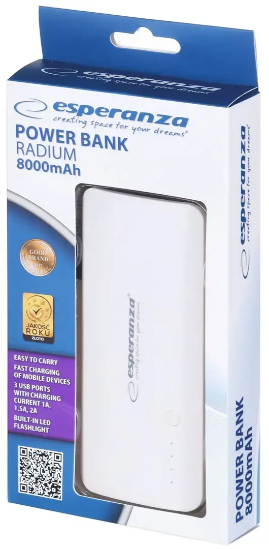 "PowerBank Esperanza Radium EMP106WE" (8000 mAh; microUSB, USB 2.0; baltos spalvos)