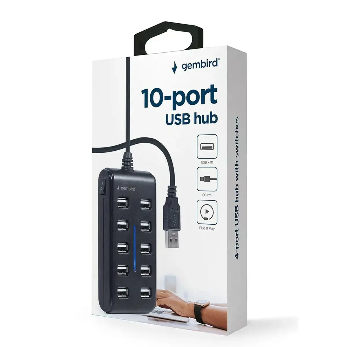 GEMBIRD 10 prievadų USB 2.0 šakotuvas, juodas