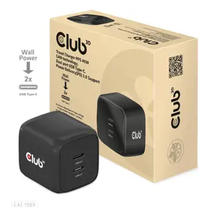 CLUB3D Travel Charger PPS 45W GAN technology, Dual port USB Type-C, Power Delivery(PD) 3.0 Support, Indoor, AC, 20 V, Black
