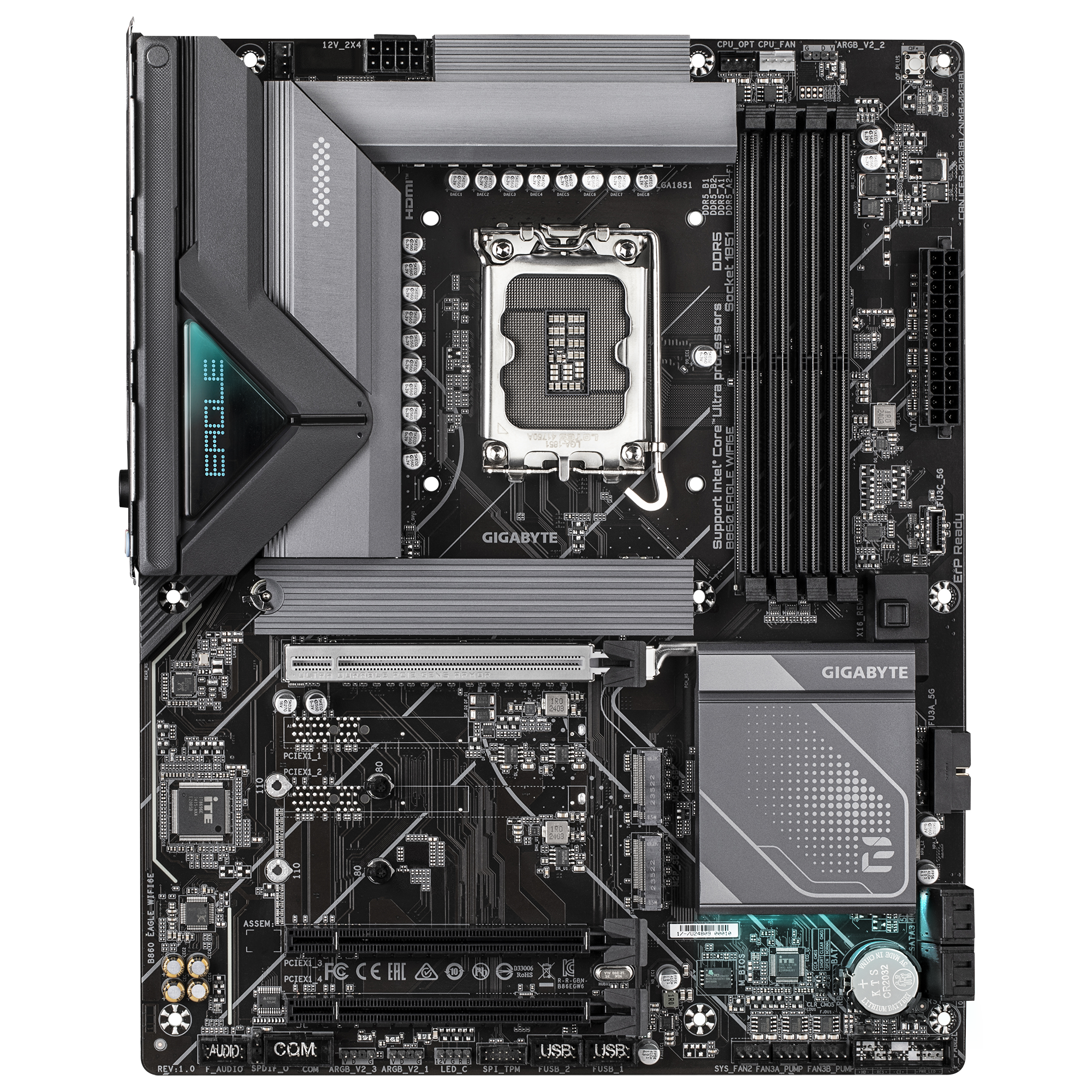Mainboard GIGABYTE Intel B860 Express LGA1851 ATX Memory DDR5 Memory slots 4 3xPCI-Express 16x 3xM.2 1xHDMI 1xDisplayPort 1xAudio-In 1xAudio-Out 1xMicrophone 4xUSB 2.0 1xUSB 3.2 1xUSB-C 1xPS/2 1xRJ45 B860EAGLEWIFI6E1.0