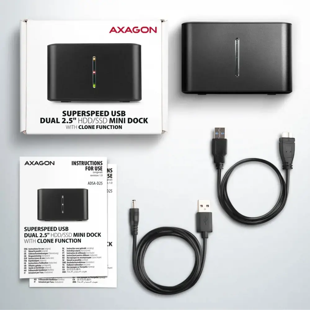 AXAGON ADSA-D25 USB 3.2 Gen 1 - 2x SATA 6G 2,5" SSD/HDD CLONE DUAL MINI dokas