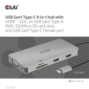 CLUB3D USB Gen1 Type-C 9-in-1 hub with HDMI, VGA, 2x USB Gen1 Type-A, RJ45, SD/Micro SD card slots and USB Gen1 Type-C Female port, USB 3.2 Gen 1 (3.1 Gen 1) Type-C, 3.5mm, HDMI, RJ-45, USB 3.2 Gen 1 (3.1 Gen 1) Type-A, USB 3.2 Gen 1 (3.1 Gen 1) Type-C, VGA, MicroSD (TransFlash), SD, 5000 Mbit/s, 60 Hz, 1920 x 1080 (HD 1080), 3860 x 2160