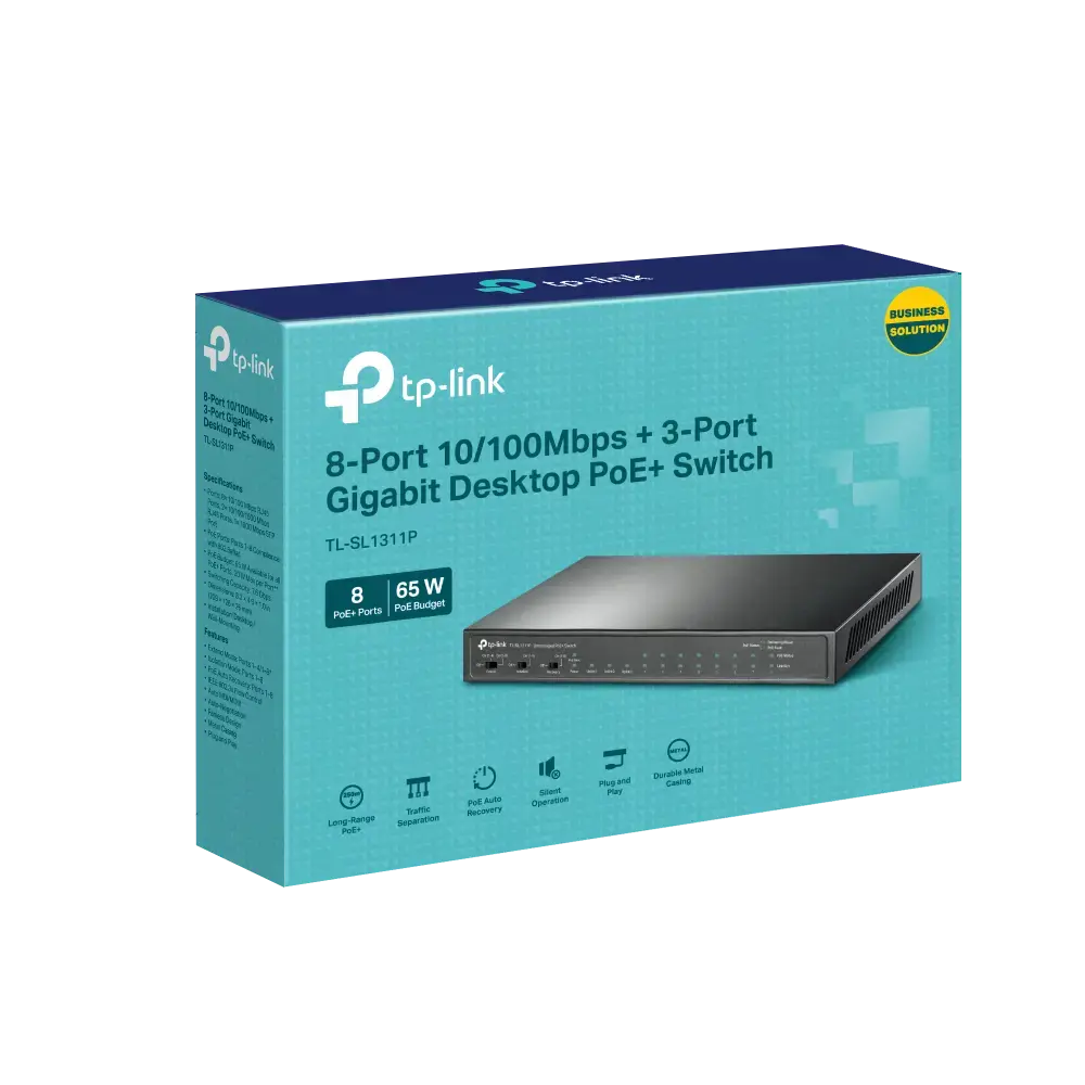 "TP-Link" 8 prievadų 10/100Mbps + 3 prievadų Gigabitinis stalinis komutatorius su 8 PoE+ prievadais, Fast Ethernet (10/100), maitinimas per Ethernet (PoE)