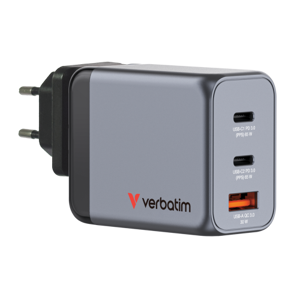 Verbatim GNC-65 GaN Charger 65W with 2 x USB-C PD 65W / 1 x USB-A QC 3.0 (EU/UK/US), Indoor, AC, 20…