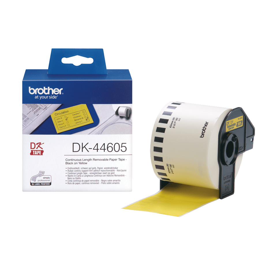 Brother DK-44605 Nepertraukiamai nuimama geltonos spalvos popierinė juosta (62 mm), geltona, DK, 62 mm x 30,48 m, 1 vnt.