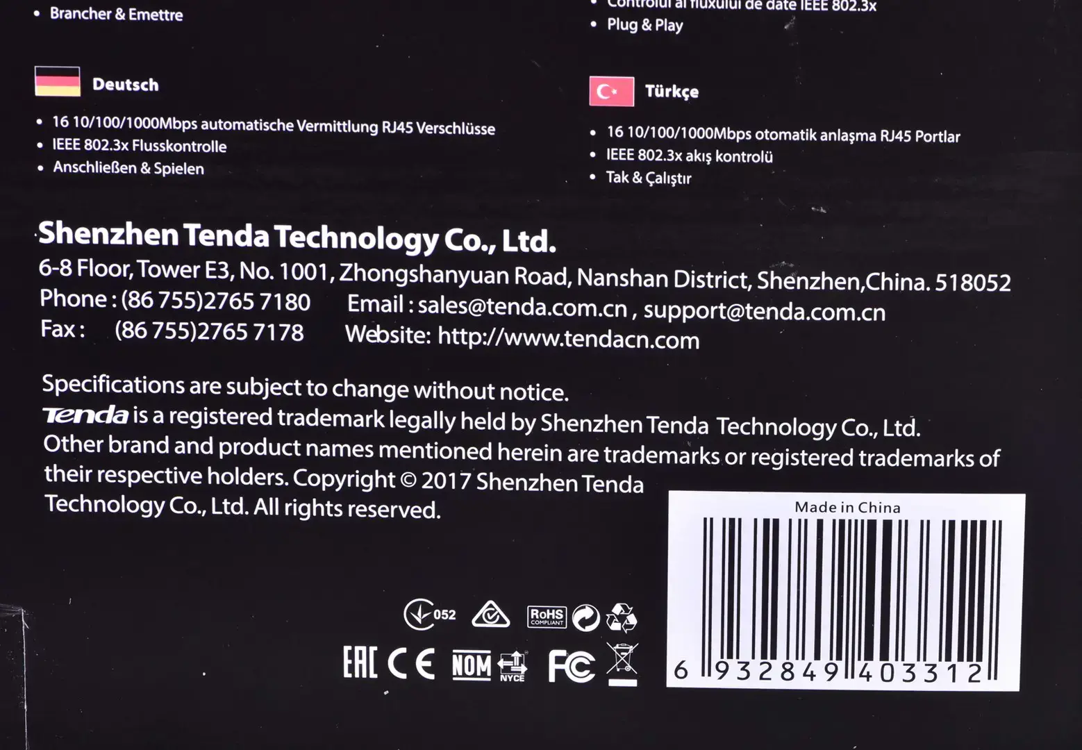 16 prievadų 10/100/1000 Mbps Ethernet komutatorius, IEEE802.3, IEEE802.3u, IEEE802.3z, IEEE802.3ab, automatinis MDI/MDIX, apsauga nuo audros, 11 colių metalinis korpusas su metaliniais tvirtinimo laikikliais, tinkamais montuoti į 19 colių spintą