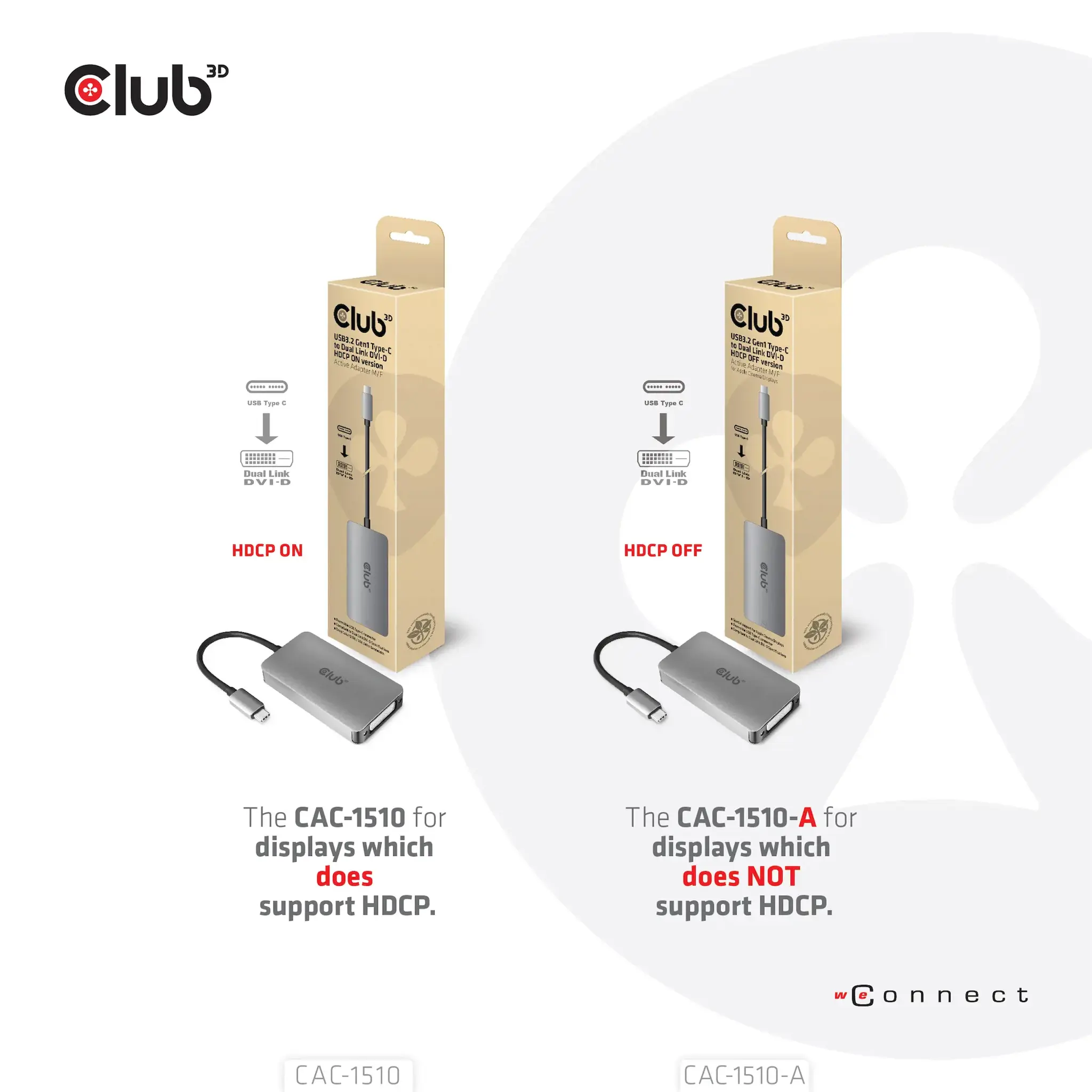 CLUB3D USB3.2 Gen1 Type-C to Dual Link DVI-D HDCP OFF version Active Adapter M/F for Apple Cinema Displays, 0.25 m, USB Type-C, DVI, Male, Female, 3840 x 2160